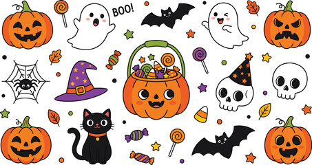 Obraz premium Cute Halloween vector character illustration set with flat line cartoon stickers for spooky autumn holiday child education marketing
