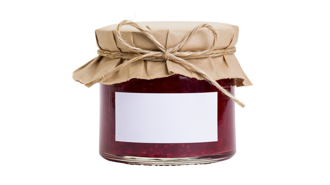 Glass jar of red berry jam with blank label and rustic brown paper lid, isolated on transparent background