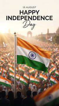Indian national flag waving proudly over a massive crowd during independence day celebration at sunset with gathering people sunset india waving flagpole