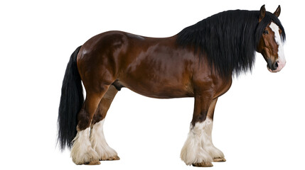 Majestic brown Shire horse with black mane and white leg markings, isolated on transparent background © George
