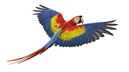 Scarlet macaw parrot with vibrant red yellow and blue feathers flying, isolated on transparent background © George