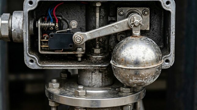 Industrial liquid level control float switch inside open housing.