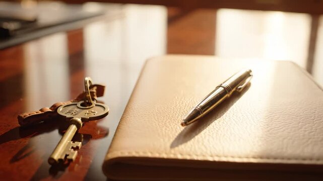 Elegant desk setup with leather notebook, silver pen, and vintage keys bathed in warm sunlight