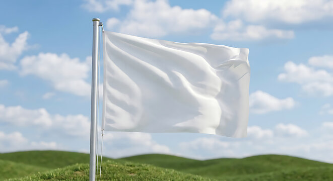 Plain White Flag Waving on Flagpole Against Blue Sky with Clouds