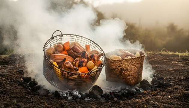 Traditional hangi feast food being lifted from an underground earth oven during Matariki celebration for an authentic Maori cultural dining experience concept