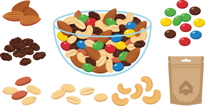 Vector illustration of trail mix elements featuring glass bowl filled with nuts raisins chocolate candies almonds peanuts cashews and paper packaging pouch