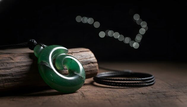 Detailed close up of a traditional jade greenstone koru pendant resting on dark wood under glowing matariki constellation stars for Maori New Year heritage concept
