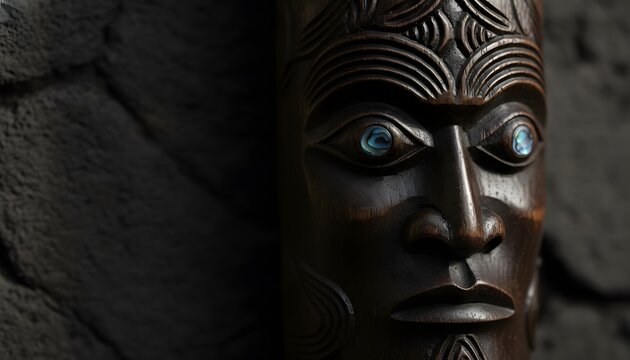 Close up of a traditional Maori carved wooden face sculpture with blue paua shell eyes honoring New Zealand indigenous culture for Matariki festival concept