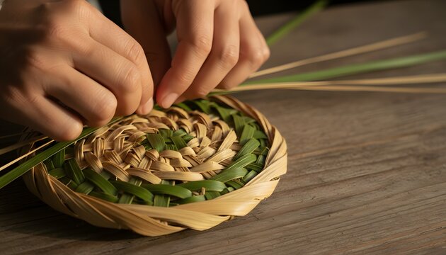 Close up of hands weaving flax harakeke into a traditional woven basket for a Matariki festival concept celebrating Maori cultural heritage and artisan craftsmanship