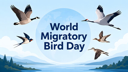 Obraz premium World Migratory Bird Day celebration poster with flying birds over a scenic landscape background.