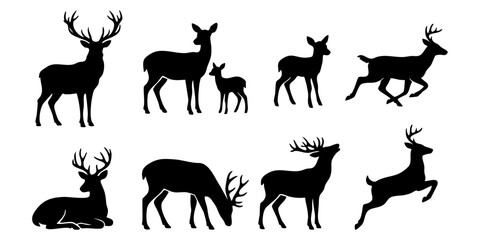 Fototapeta premium Collection of black deer silhouettes in nature concepts like running grazing and standing forest wildlife icon set for graphic design