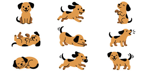 Obraz premium Cute cartoon dog characters set with various poses and expressions in a flat vector style