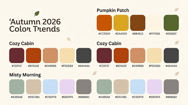 Autumn 2026 color trends palette, seasonal swatches with hex codes, professional fall color guide for interior design and branding