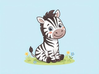 Obraz premium Cute cartoon baby zebra sitting on green grass with small colorful flowers in a simple vector illustration style