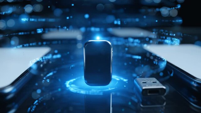 Futuristic smartphone and USB drive with holographic data transfer animation on reflective surface