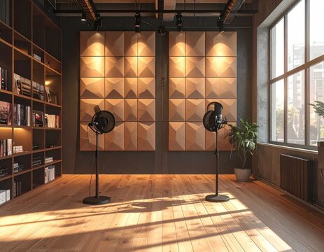 Professional recording studio with acoustic panels.