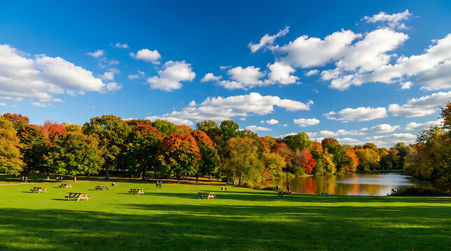 Autumn park scene with a lake and colorful trees under a blue sky.