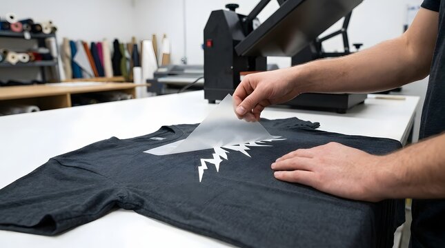 Man Hands Peeling Back a Transfer Sheet from a Custom T-shirt After Heat Pressing in a Workshop