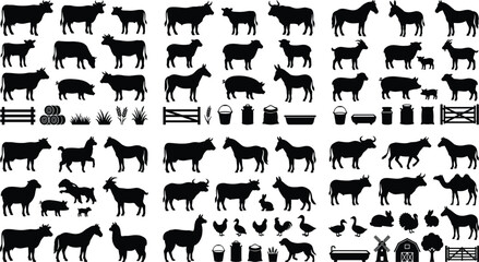 Fototapeta premium Black Farm Animals Silhouette Icon Set with Livestock Cattle Horses Pigs and Poultry Symbols for Agriculture Farmstead Websites Apps and Graphic Designs