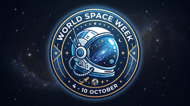 World Space Week celebration emblem with astronaut helmet and galaxy background design.
