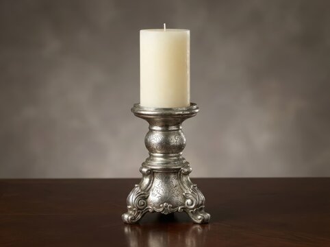 Unlit white pillar candle in a vintage ornate metallic candle holder on a dark table