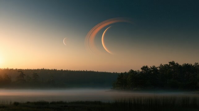 Mystical Crescent Moon Shines Over Misty Landscape at Sunrise.