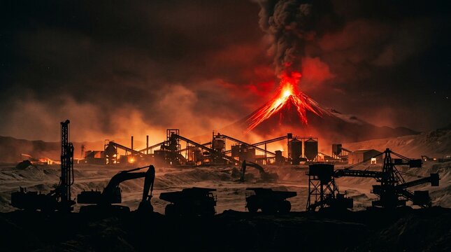 Industrial mining facility operating during a volcanic eruption at night.