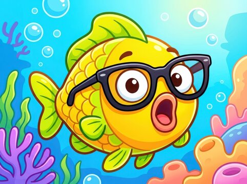Cute yellow fish wearing black glasses swimming underwater in the ocean with colorful coral reefs and bubbles around