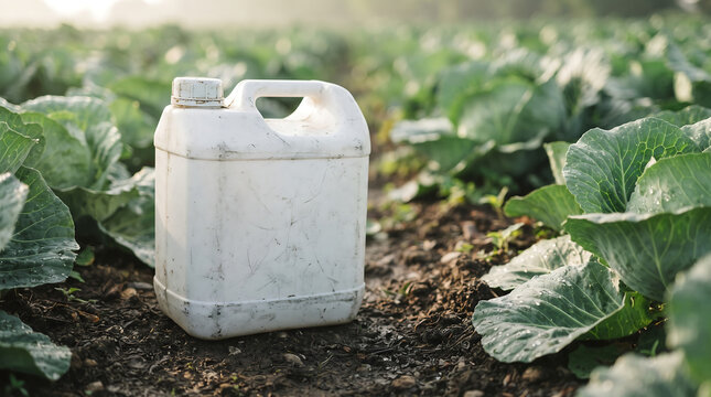 White plastic jerrycan placed in vegetable garden among green cabbages with jerrycan container agriculture vegetable canister cultivation pollution environment