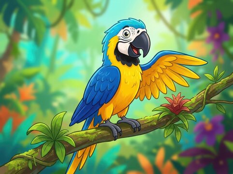 Cute cartoon macaw parrot with blue and yellow feathers sitting on a branch in a bright tropical jungle forest