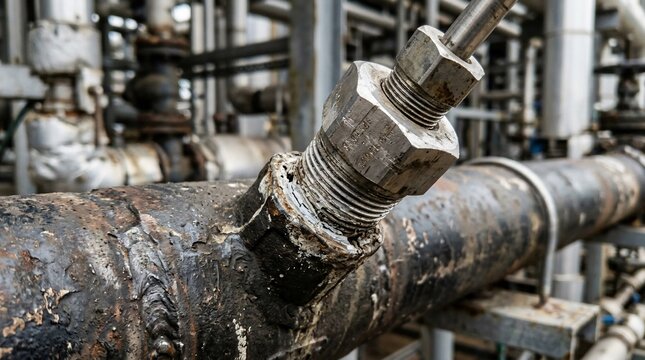 Industrial piping system with a large metal nut fitting on a weathered pipeline.