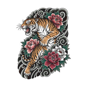 Colorful Japanese Irezumi-style illustration of a roaring tiger emerging through swirling clouds and blooming peony flowers, symbolizing courage, strength, prosperity, and fearless determination