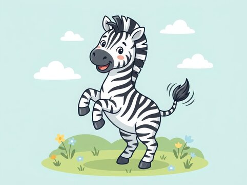 Cute cartoon zebra jumping and playing in a green meadow with flowers