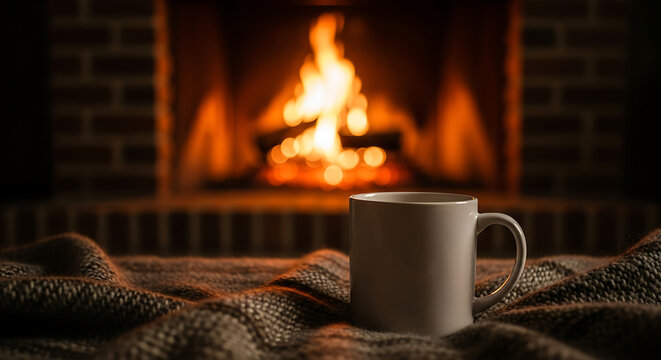 A white mug sits on a knitted blanket in front of a warm fireplace