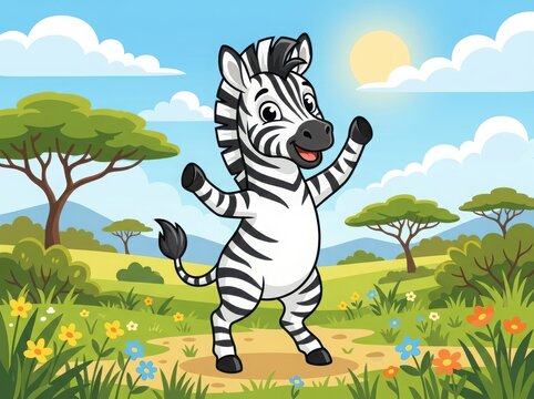 Cute cartoon zebra standing and waving in the sunny african savanna with acacia trees and green grass in the background