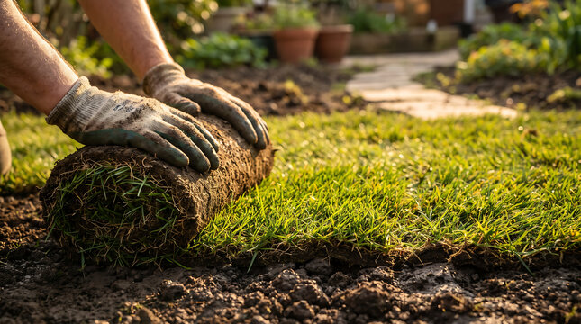 Unrolling green turf sod by hand with work gloves on freshly prepared soil for new lawn installation on a sunny day.