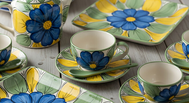 Hand-painted ceramic tea set with blue flowers and yellow accents on a wooden table.