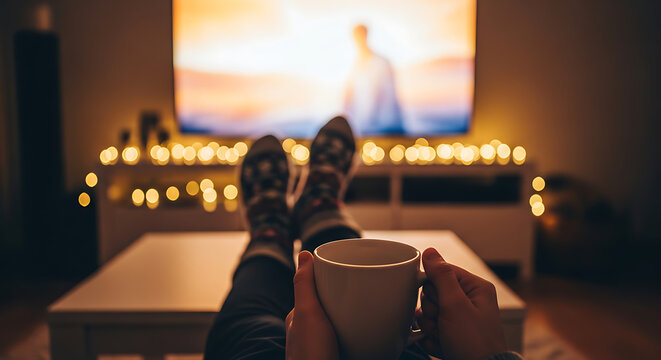 First person view of someone holding a warm mug while watching television