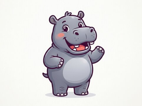 Cute cartoon hippo character smiling and waving hand with a friendly expression for children design or mascot illustration