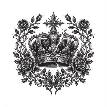 Detailed gothic tattoo illustration of a shattered royal crown pierced by an ornate cross sword, surrounded by blooming black roses, thorny vines, and elegant floral ornaments in monochrome style