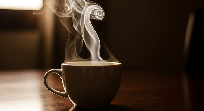 A white ceramic mug of hot coffee with steam rising