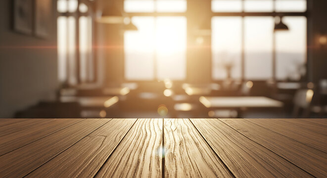 Rustic wooden table surface with a blurred cafe background at sunset