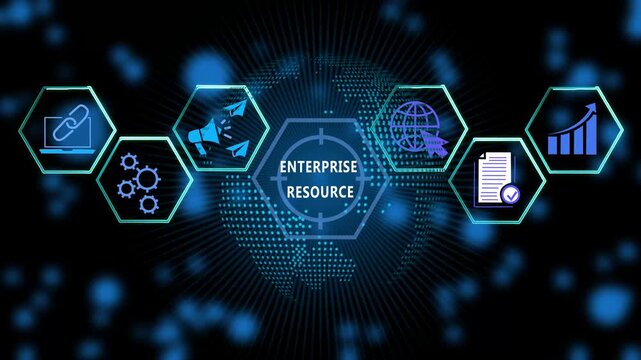 Enterprise resource planning erp system digital interface featuring futuristic hexagonal for global business management, data integration, corporate strategy, and automated workflow