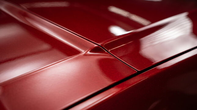 Close up shot of red car hood paint with light reflections automotive reflection metallic exterior automobile transportation bodywork aesthetic engineering