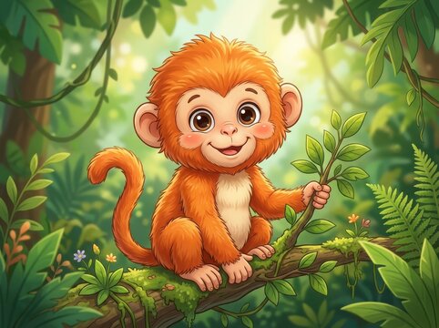 Cute little orange monkey sitting on a branch in a green tropical jungle forest with bright sunlight and lush green leaves