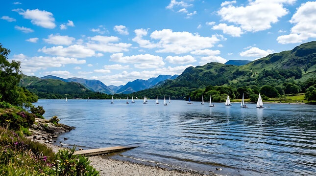 Sailboats glide across a calm lake surrounded by green rolling hills under a blue sky.