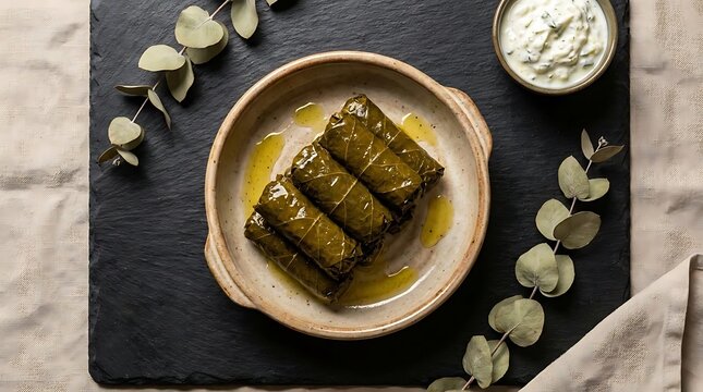 Stuffed grape leaves dolmas on slate serving board.