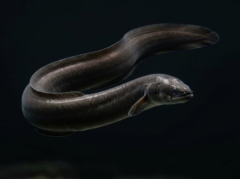 A single dark eel swimming gracefully in the deep black water