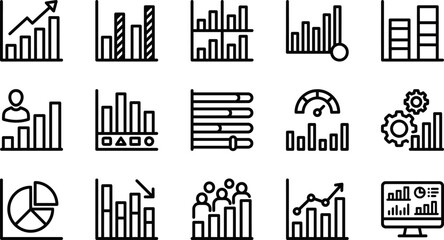 Obraz premium Set of fifteen thin line business and finance chart icons representing data analysis and statistical reporting