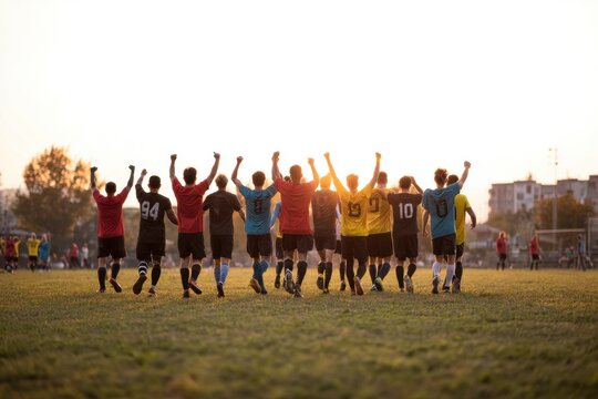 Diverse amateur soccer team celebrates a goal at sunset on the field with hands raised in joy and excitement